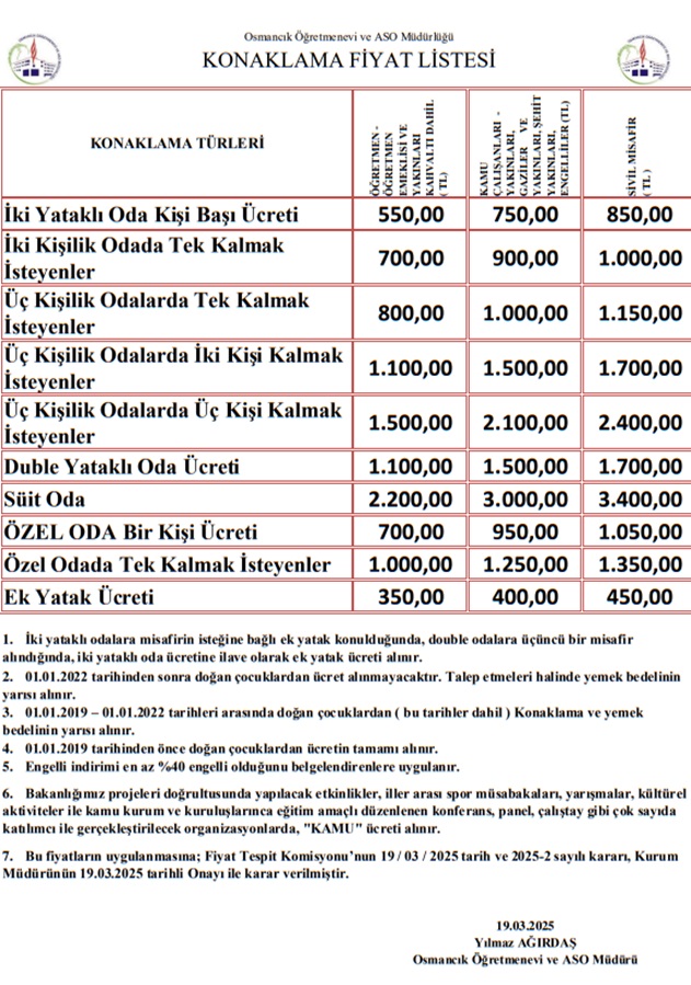 Osmancık Öğretmenevi 2025 Yılı Oda Fiyat Listesi