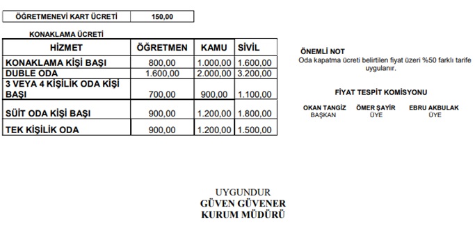 Adana Öğretmenevi-Seyhan Öğretmenevi 2025 Yılı Fiyat Listesi