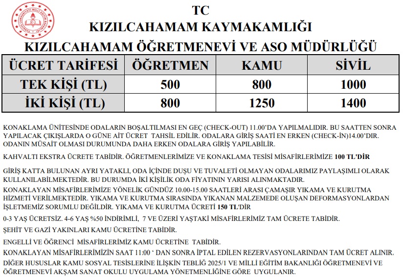 Kızılcahamam Öğretmenevi 2025 Yılı Fİyatları