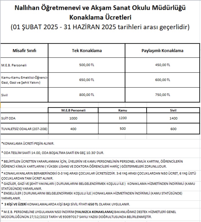 Nallıhan Öğretmenevi Ocak - Haziran 2025 Fiyat Listesi